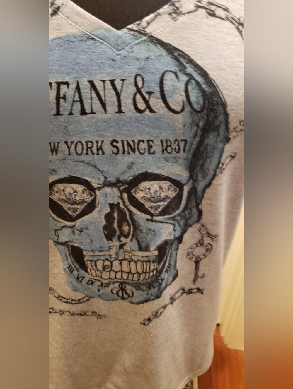 Cricut "Tiffany & Co." Womens Gray Tee with Blue Skull Graphic - Picture 3 of 12